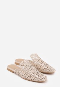 Renee - Beżowe Ażurowe Klapki Mule z Plecioną Cholewką Raguela. Kolor: beżowy. Materiał: jeans. Wzór: ażurowy #4