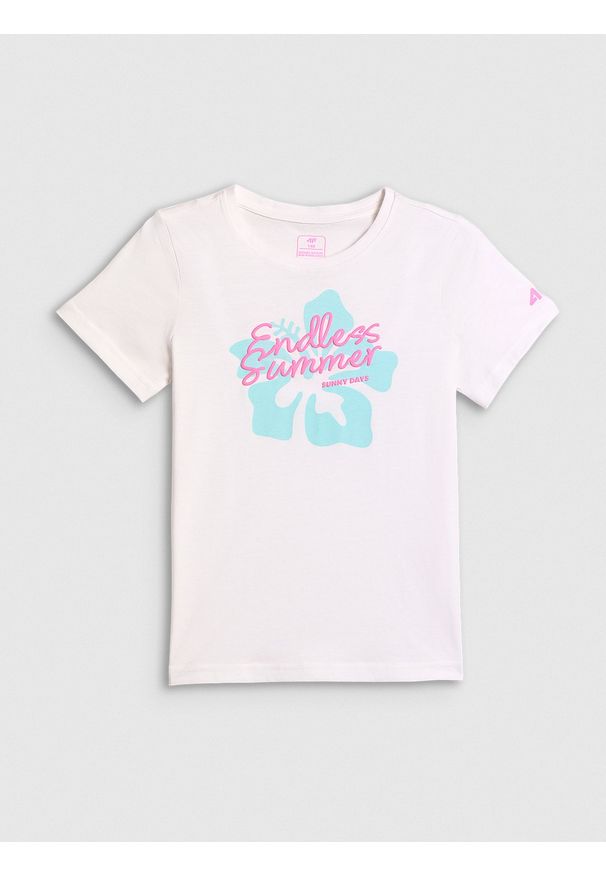 4f - 4F T-shirt regular z nadrukiem dziewczęcy - biały 164 (13-14 lat). Okazja: na co dzień. Kolor: biały. Materiał: bawełna, dzianina. Wzór: nadruk. Sezon: lato. Styl: casual