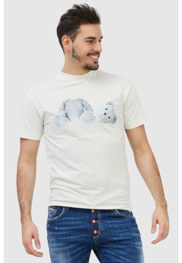 PALM ANGELS Biały t-shirt męski z misiem, Rozmiar XXS. Kolor: biały. Materiał: prążkowany. Wzór: nadruk