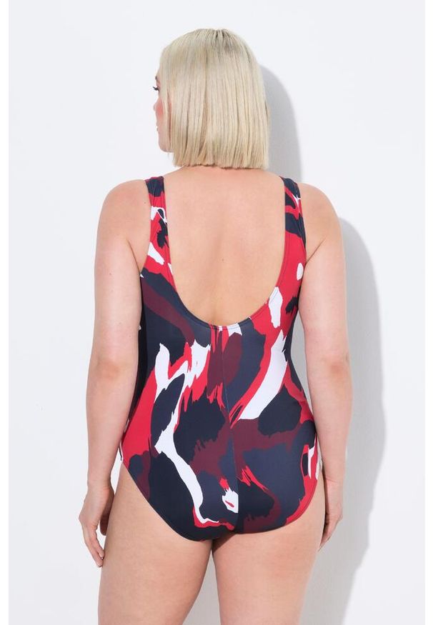 ULLA POPKEN - Damski Strój kąpielowy wzór w palmy bez miękkich miseczek okrągły dekolt. Kolekcja: plus size. Kolor: niebieski. Materiał: poliester, elastan, poliamid, materiał