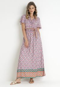 Born2be - Różowa Sukienka z Wiskozy w Etno Wzór z Gumką i Paskiem w Talii Lucassa. Kolor: różowy. Materiał: wiskoza. Styl: etno #3