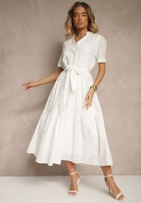Renee - Biała Rozkloszowana Sukienka Koszulowa w Stylu Boho z Haftowanej Tkaniny Rosadwena. Okazja: na co dzień. Kolor: biały. Materiał: tkanina. Wzór: haft. Typ sukienki: koszulowe. Styl: boho