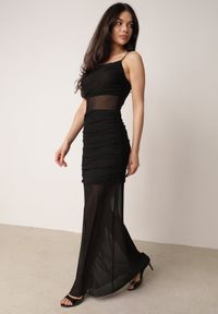 Born2be - Czarna Siateczkowa Sukienka Koktajlowa z Marszczenia i Przezroczystymi Wstawkami Zelllisa. Kolor: czarny. Materiał: wiskoza, materiał, lakier. Długość rękawa: na ramiączkach. Styl: wizytowy #2