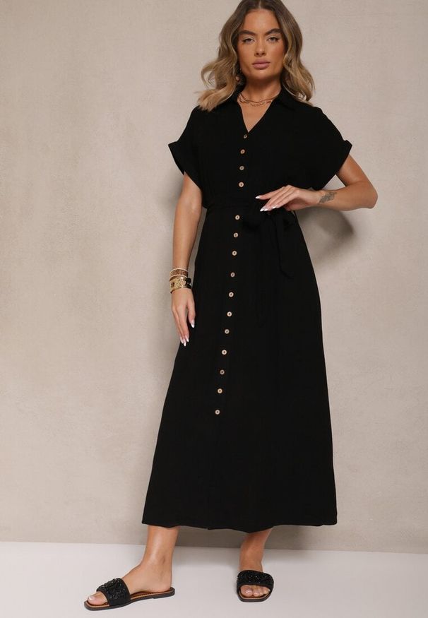 Renee - Czarna Sukienka z Wiskozy i Lnu o Koszulowym Kroju z Paskiem Efralissea. Okazja: na co dzień. Kolor: czarny. Materiał: len, wiskoza. Typ sukienki: koszulowe. Styl: elegancki, casual
