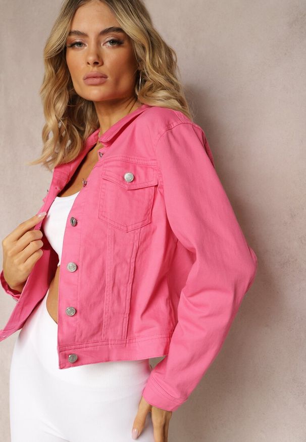 Renee - Fuksjowa Jeansowa Kurtka z Bawełny z Guzikami i Kieszeniami Ainztia. Kolor: różowy. Materiał: bawełna, jeans