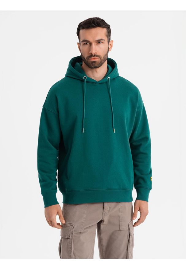 Ombre Clothing - Dresowa bluza unisex z kieszeniami i kapturem – ciemnozielona V17 OU-SNBC-0105 - XL/XXL. Okazja: na co dzień. Typ kołnierza: kaptur. Kolor: zielony. Materiał: dresówka. Wzór: aplikacja. Styl: casual