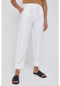 Emporio Armani spodnie lniane damskie kolor biały szerokie high waist. Stan: podwyższony. Kolor: biały. Materiał: len