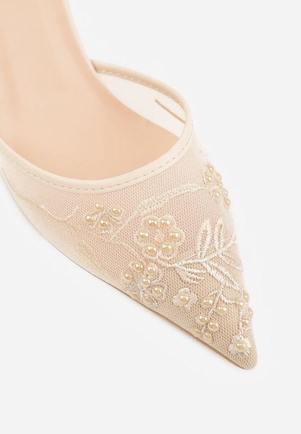 Born2be - Beżowe Sandały na Szpilce z Koronką Caskstar. Kolor: beżowy. Materiał: koronka. Wzór: koronka. Obcas: na szpilce. Styl: elegancki, klasyczny