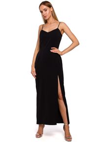 Sukienki.shop - Długa sukienka wieczorowa z rozcięciem, na ramiączkach czarna. Kolor: czarny. Materiał: materiał, tkanina, elastan. Długość rękawa: na ramiączkach. Styl: wizytowy. Długość: maxi #4