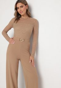Born2be - Beżowy Koronkowy Kombinezon z Wiskozą z Szerokimi Nogawkami Ninarena. Okazja: na co dzień. Kolor: beżowy. Materiał: koronka, wiskoza. Długość rękawa: długi rękaw. Długość: długie. Styl: casual, elegancki #6