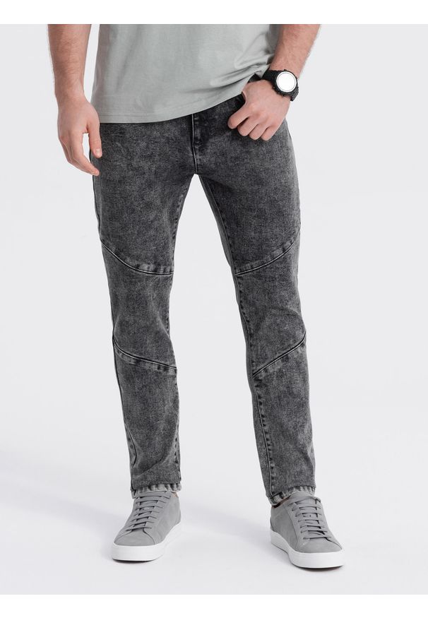 Ombre Clothing - Spodnie męskie jeansowe slim fit z przeszyciem na kolanach - szary V3. Kolor: szary. Materiał: jeans. Wzór: aplikacja