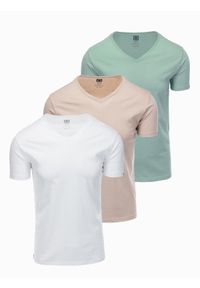 Ombre Clothing - Zestaw bawełnianych koszulek męskich V-neck BASIC – szarozielony/biały/beżowy V14 - Rozmiar: L. Typ kołnierza: dekolt w serek. Kolor: zielony. Materiał: bawełna