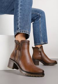Born2be - Brązowe Klasyczne Botki na Słupku z Ozdobnym Suwakiem Fesonea. Okazja: na co dzień. Zapięcie: zamek. Kolor: brązowy. Materiał: dzianina, jeans. Obcas: na słupku. Styl: klasyczny