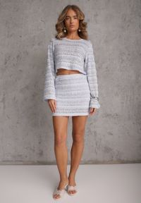 Renee - Niebieski Komplet z Koronki Bluzka Longsleeve i Dopasowane Spódnico-Szorty Daera. Kolor: niebieski. Materiał: koronka. Wzór: koronka #5