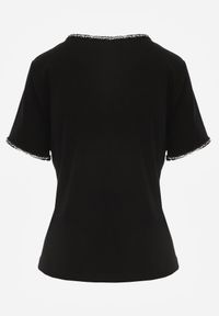 Renee - Czarny T-shirt z Bawełny Zdobiony Lamówką z Metaliczną Nicią Petinope. Kolor: czarny. Materiał: bawełna. Wzór: aplikacja #2