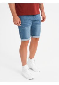 Ombre Clothing - Jeansowe szorty męskie z podwiniętą nogawką - niebieskie V2. Kolor: niebieski. Materiał: jeans. Wzór: aplikacja. Sezon: lato. Styl: klasyczny