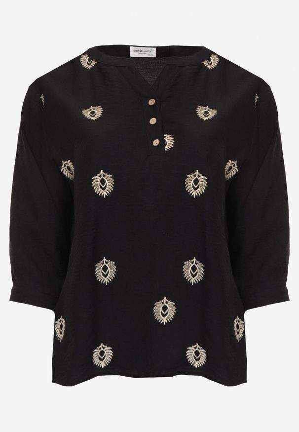 Born2be - Czarna Wiskozowa Koszula Boho z Haftem i Podpinanymi Rękawami 3/4 Cheridenah. Okazja: na co dzień. Kolekcja: plus size. Kolor: czarny. Materiał: wiskoza. Wzór: haft. Styl: boho
