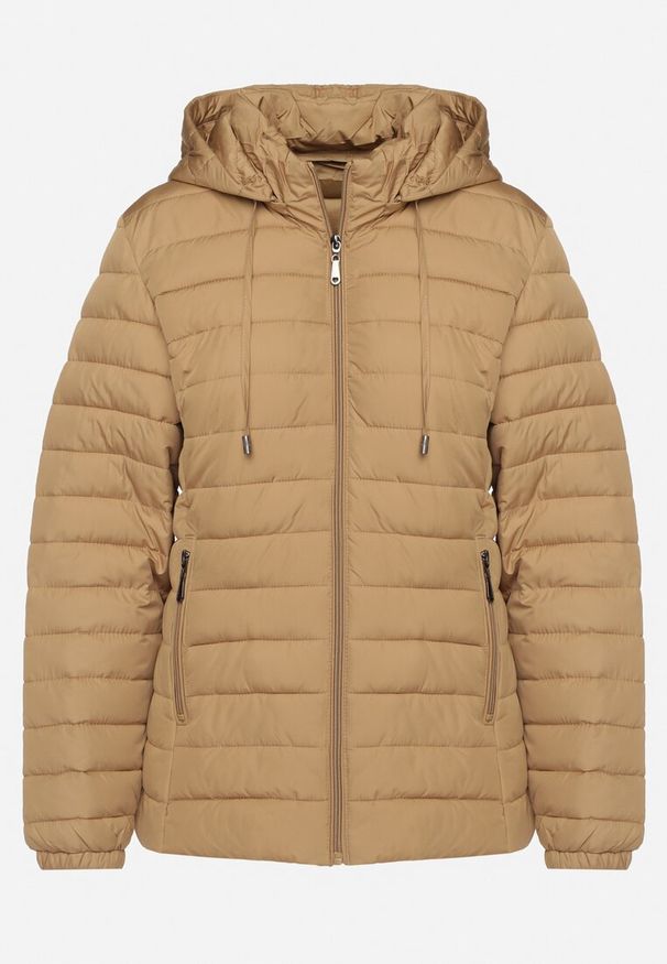 Born2be - Ciemnobeżowa Pikowana Kurtka z Kapturem i Sznurkami Miviana. Okazja: na spacer. Typ kołnierza: kaptur. Kolor: beżowy. Materiał: jeans. Długość rękawa: długi rękaw. Długość: długie