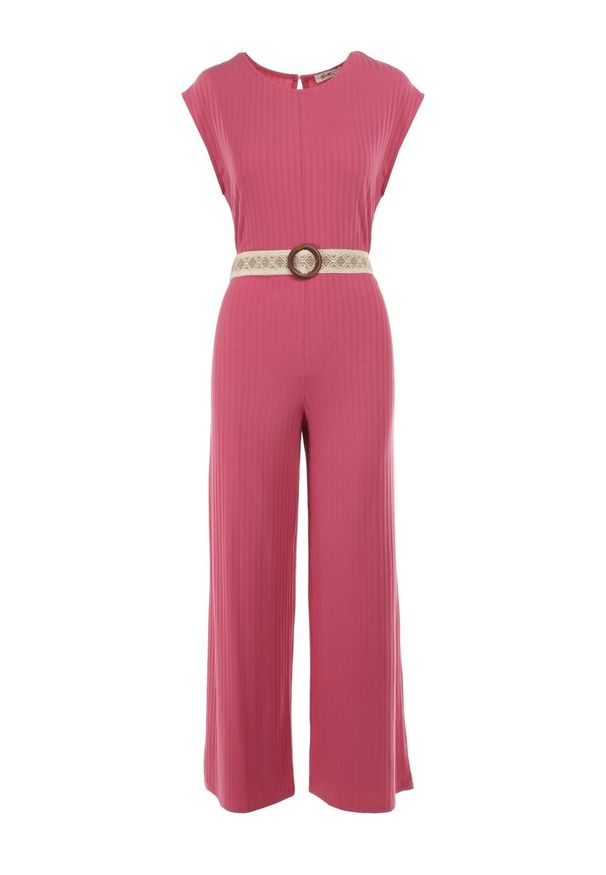 Born2be - Fuksjowy Kombinezon z Paskiem Thalaera. Kolor: różowy. Materiał: prążkowany, dzianina. Długość rękawa: krótki rękaw. Długość: krótkie. Wzór: jednolity. Sezon: lato. Styl: boho