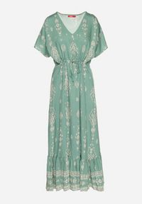 Born2be - Zielona Sukienka Rozkloszowana z Wiskozą w Boho Wzór z Falbaną Turaline. Typ kołnierza: kołnierz z falbankami. Kolor: zielony. Materiał: wiskoza. Sezon: lato. Typ sukienki: rozkloszowane. Styl: boho #2