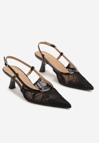 Born2be - Czarne Sandały Slingback z Eleganckiej Koronki na Obcasie Typu Kaczuszka Narlevi. Okazja: na co dzień. Nosek buta: szpiczasty. Zapięcie: pasek. Kolor: czarny. Wzór: koronka. Materiał: koronka. Obcas: na obcasie. Styl: elegancki. Wysokość obcasa: średni #5