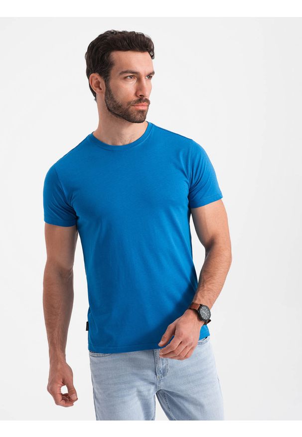 Ombre Clothing - Męski klasyczny bawełniany T-shirt BASIC - niebieski V12 OM-TSBS-0146 - XXL. Okazja: na co dzień. Kolor: niebieski. Materiał: bawełna. Styl: klasyczny