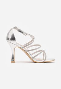 Born2be - Srebrne Sandały na Szpilce z Cyrkoniami i Kwadratowym Noskiem Vikirona. Zapięcie: sprzączka. Kolor: srebrny. Wzór: aplikacja. Obcas: na szpilce. Styl: wizytowy #8