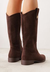 Born2be - Brązowe Botki Ażurowe Ozdobione Metaliczną Aplikacją Iomosa. Okazja: na co dzień, do pracy. Kolor: brązowy. Materiał: prążkowany, skóra. Wzór: ażurowy, aplikacja. Styl: casual, elegancki #3