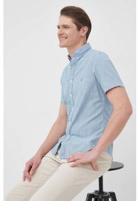 Polo Ralph Lauren koszula bawełniana męska slim z kołnierzykiem button-down. Typ kołnierza: polo, button down. Kolor: niebieski. Materiał: bawełna. Długość rękawa: krótki rękaw. Długość: krótkie