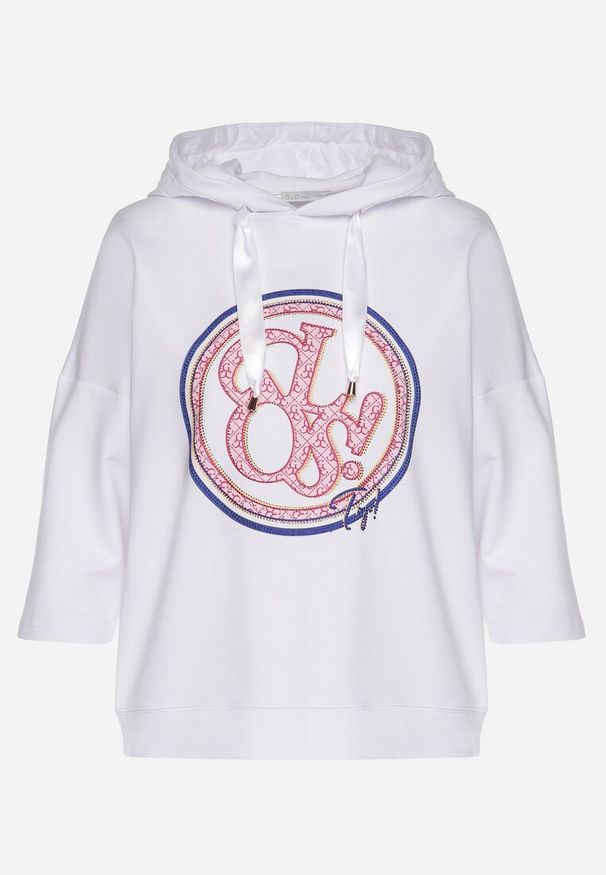 Born2be - Biała Bluza z Kapturem i Rękawami 3/4 Zdobiona Nadrukiem Saniriora. Typ kołnierza: kaptur. Kolor: biały. Materiał: jeans. Wzór: nadruk, aplikacja. Styl: elegancki, klasyczny