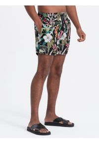 Ombre Clothing - Szorty męskie kąpielówki w kwiaty - czarne V3 - Rozmiar: XL. Okazja: na plażę. Kolor: czarny. Materiał: poliester, materiał. Wzór: kwiaty
