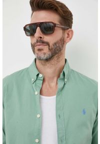 Polo Ralph Lauren koszula bawełniana męska kolor zielony slim z kołnierzykiem button-down. Okazja: na co dzień. Typ kołnierza: button down, polo. Kolor: zielony. Materiał: bawełna. Wzór: aplikacja. Styl: casual #5