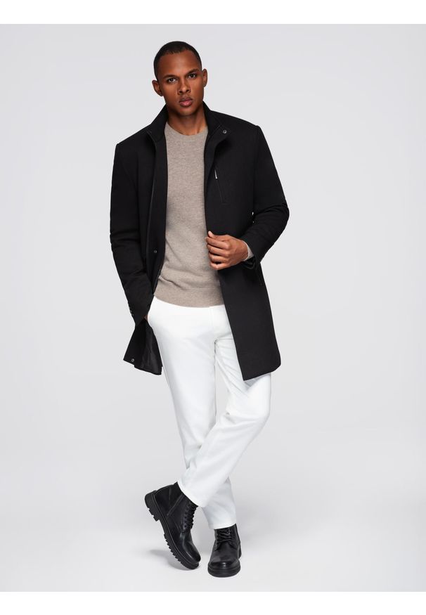 Ombre Clothing - Dopasowany strukturalny męski płaszcz z wysokim kołnierzem – czarny V1 - Rozmiar: XXL. Okazja: na co dzień. Kolor: czarny. Materiał: syntetyk, materiał, tkanina. Długość: długie. Wzór: aplikacja, jednolity. Styl: casual, elegancki