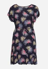 Born2be - Granatowo-Różowa Bawełniana Sukienka z Florystycznym Motywem i Wiązaniem w Talii Rissani. Okazja: na randkę. Kolor: niebieski. Materiał: bawełna. Sezon: lato #6