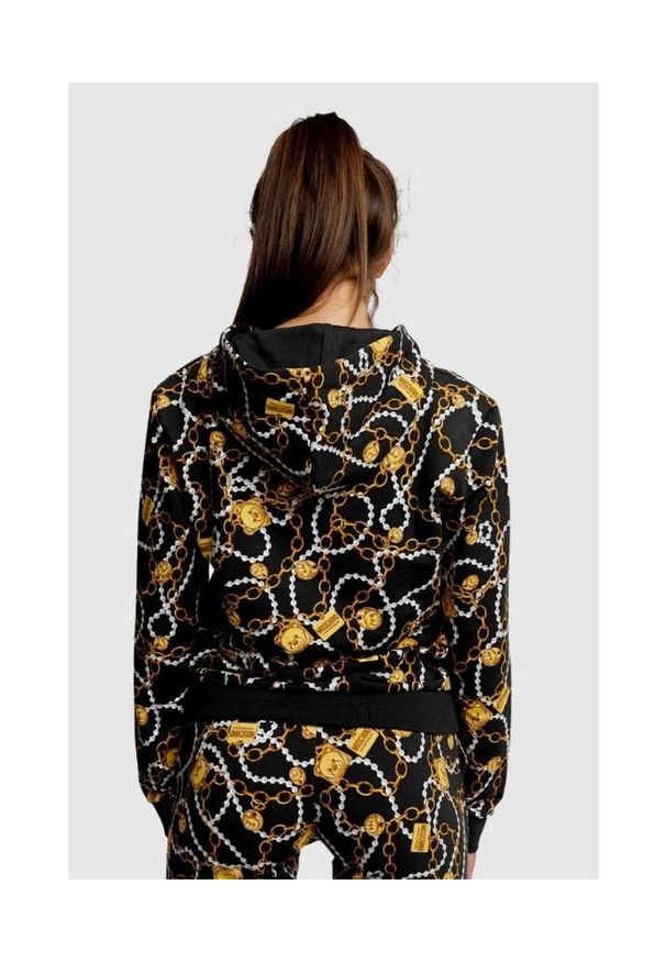 MOSCHINO Bluza damska z kapturem w złote łańcuchy, Rozmiar XS. Typ kołnierza: kaptur. Kolor: czarny. Materiał: prążkowany