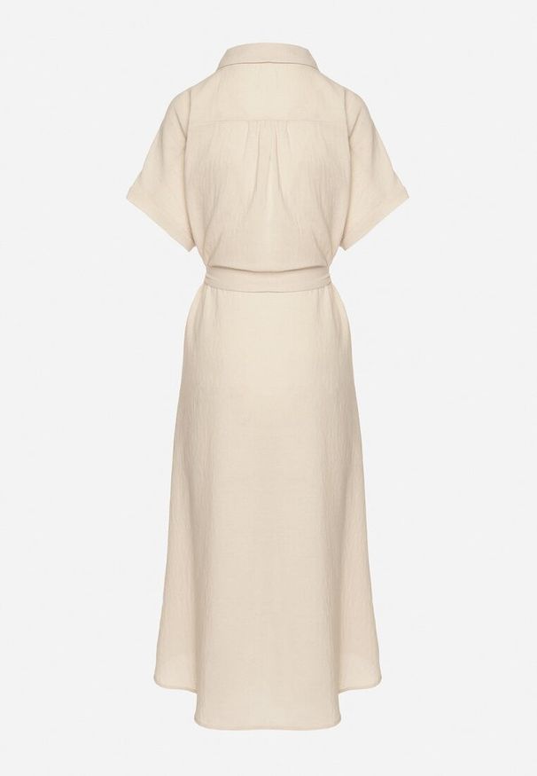 Born2be - Beżowa Sukienka z Wiskozy o Koszulowym Kroju z Wiązanym Paskiem Danisna. Okazja: na co dzień. Kolor: beżowy. Materiał: wiskoza. Długość rękawa: krótki rękaw. Wzór: aplikacja. Typ sukienki: koszulowe. Styl: klasyczny, casual, elegancki. Długość: midi