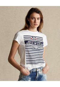 Ralph Lauren - RALPH LAUREN - Biały t-shirt z grafiką w paski. Typ kołnierza: polo. Kolor: biały. Materiał: bawełna. Wzór: paski #1