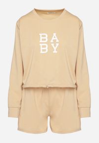 Born2be - Beżowy 2-Częściowy Komplet Dresowy Bluza z Nadrukiem i Luźne Szorty z Kieszeniami Ridana. Kolor: beżowy. Materiał: dresówka. Wzór: nadruk #5