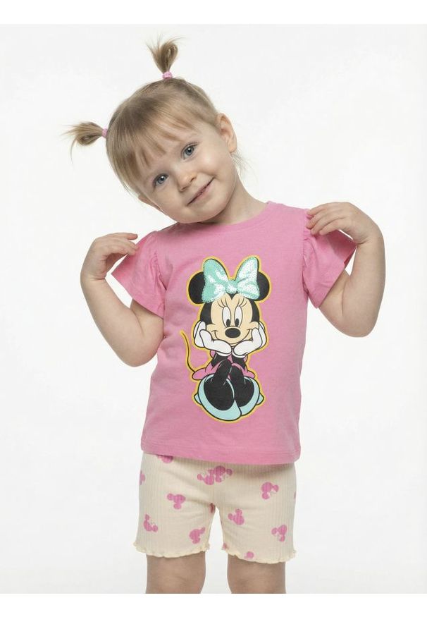 Sinsay - Koszulka z szerokimi rękawami zdobiona cekinami Minnie Mouse - begonia. Wzór: motyw z bajki, aplikacja