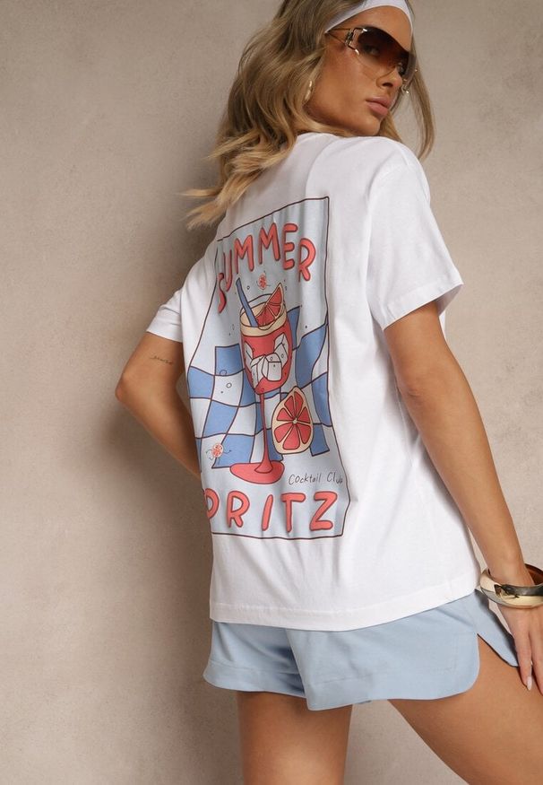Renee - Biało-Niebieski T-shirt Oversize z Bawełny Ozdobiony Nadrukiem Filiora. Okazja: na co dzień. Kolor: biały. Materiał: bawełna. Wzór: aplikacja, nadruk. Styl: casual
