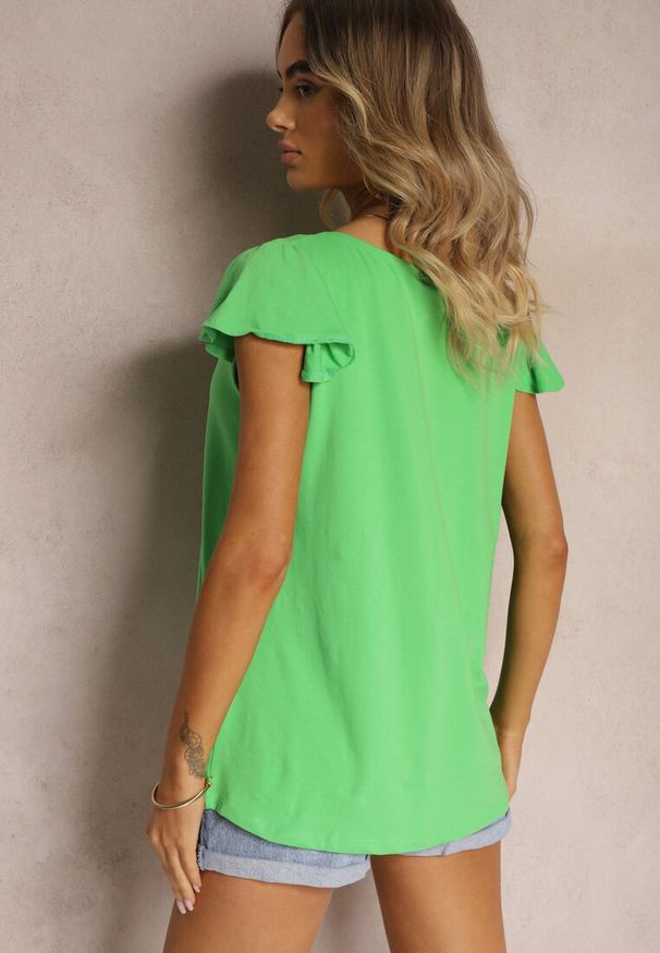 Renee - Zielony Top z Bawełny z Falbankami Zamiast Rękawów Kleuria. Typ kołnierza: kołnierz z falbankami. Kolor: zielony. Materiał: bawełna. Sezon: lato. Styl: elegancki