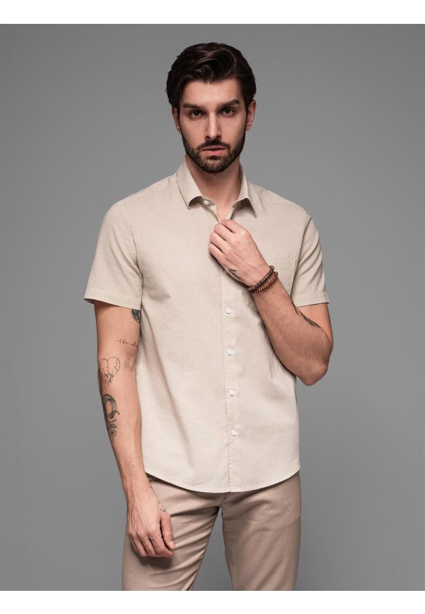Ombre Clothing - Koszula męska z lnu i bawełny z krótkim rękawem i kieszonką – beżowa V4 - Rozmiar: XL. Kolor: beżowy. Materiał: len, bawełna. Długość rękawa: krótki rękaw. Długość: krótkie. Sezon: lato