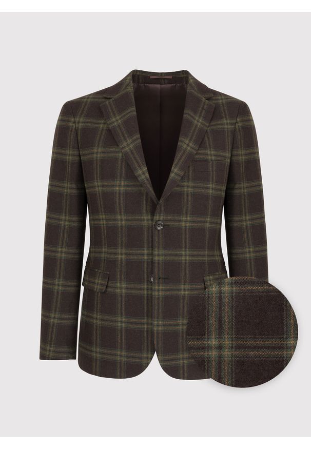 Pako Lorente - PAKO LORENTE – Brązowa marynarka męska w kratę. Okazja: na co dzień. Kolor: brązowy. Materiał: wełna. Styl: casual