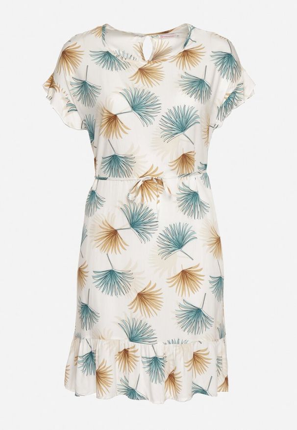 Born2be - Biało-Niebieska Bawełniana Sukienka z Florystycznym Motywem i Wiązaniem w Talii Rissani. Okazja: na randkę. Kolor: biały. Materiał: bawełna. Sezon: lato