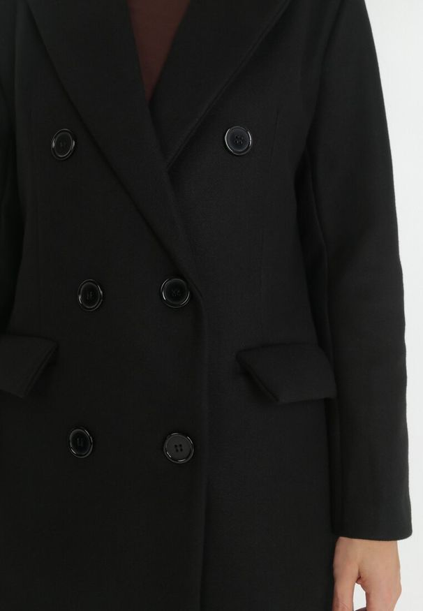 Born2be - Czarny Płaszcz Dwurzędowy Lodis. Okazja: na co dzień. Kolor: czarny. Materiał: tkanina. Długość: długie. Styl: elegancki, casual
