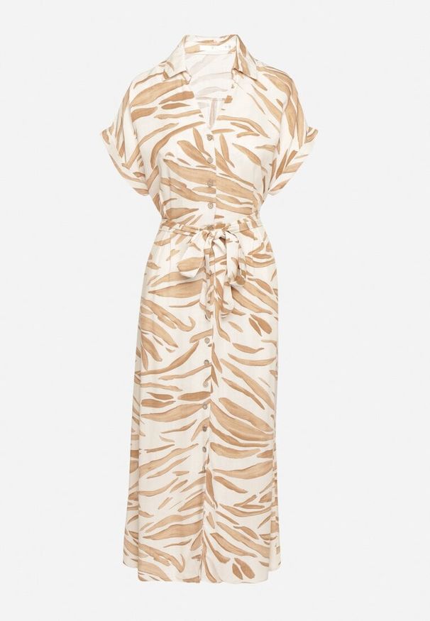 Born2be - Jasnobeżowa Koszulowa Sukienka z Bawełny w Zebrę z Wiązanym Paskiem Melotia. Okazja: na co dzień. Typ kołnierza: dekolt w kształcie V. Kolor: beżowy. Materiał: bawełna. Długość rękawa: krótki rękaw. Wzór: motyw zwierzęcy. Typ sukienki: koszulowe. Styl: elegancki, casual