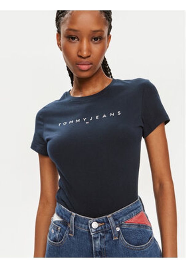 Tommy Jeans T-Shirt Linear DW0DW18398 Granatowy Slim Fit. Kolor: niebieski. Materiał: bawełna