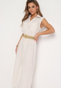 Born2be - Beżowa Bawełniana Sukienka Koszulowa z Gumką w Talii i Paskiem z Klamrą Xalorea. Kolor: beżowy. Materiał: bawełna. Wzór: paski. Typ sukienki: koszulowe #3