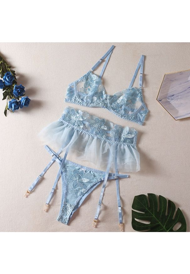 Intica - Komplet bielizny z regulowanymi paskami i przezroczystymi wstawkami Zakira. Kolor: niebieski. Materiał: materiał, skóra. Wzór: paski