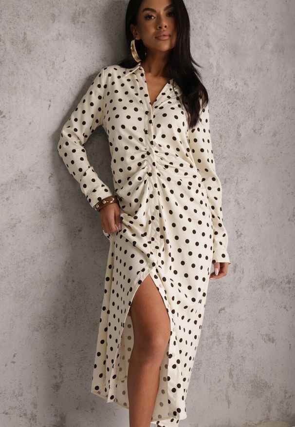 Renee - Beżowa Koszulowa Sukienka z Wiskozy z Dodatkiem Lnu z Drapowaną Talią Edrilith. Okazja: na co dzień. Kolor: beżowy. Materiał: wiskoza, len. Typ sukienki: koszulowe. Styl: casual, elegancki